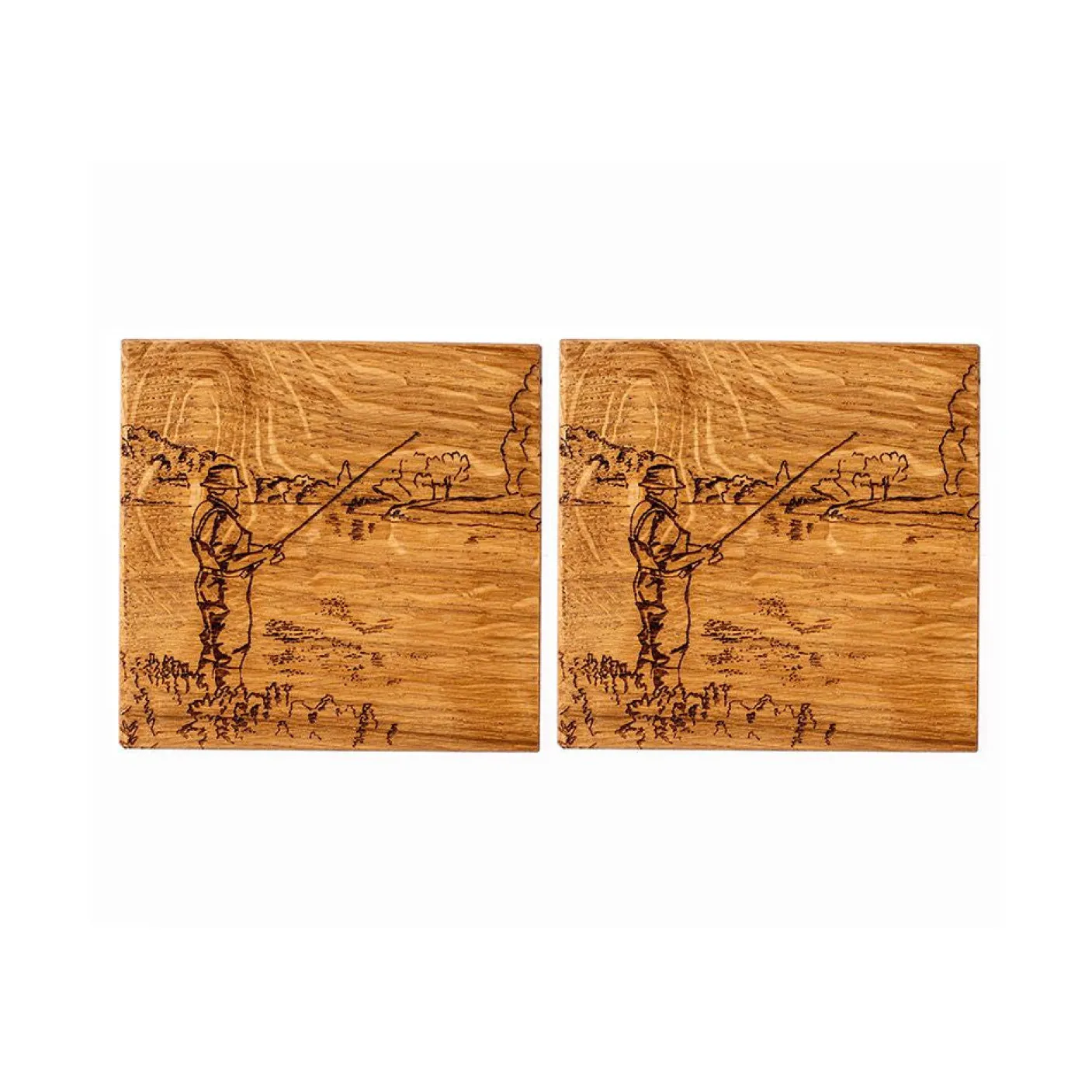 Fishing Oak Coasters- Set of 2