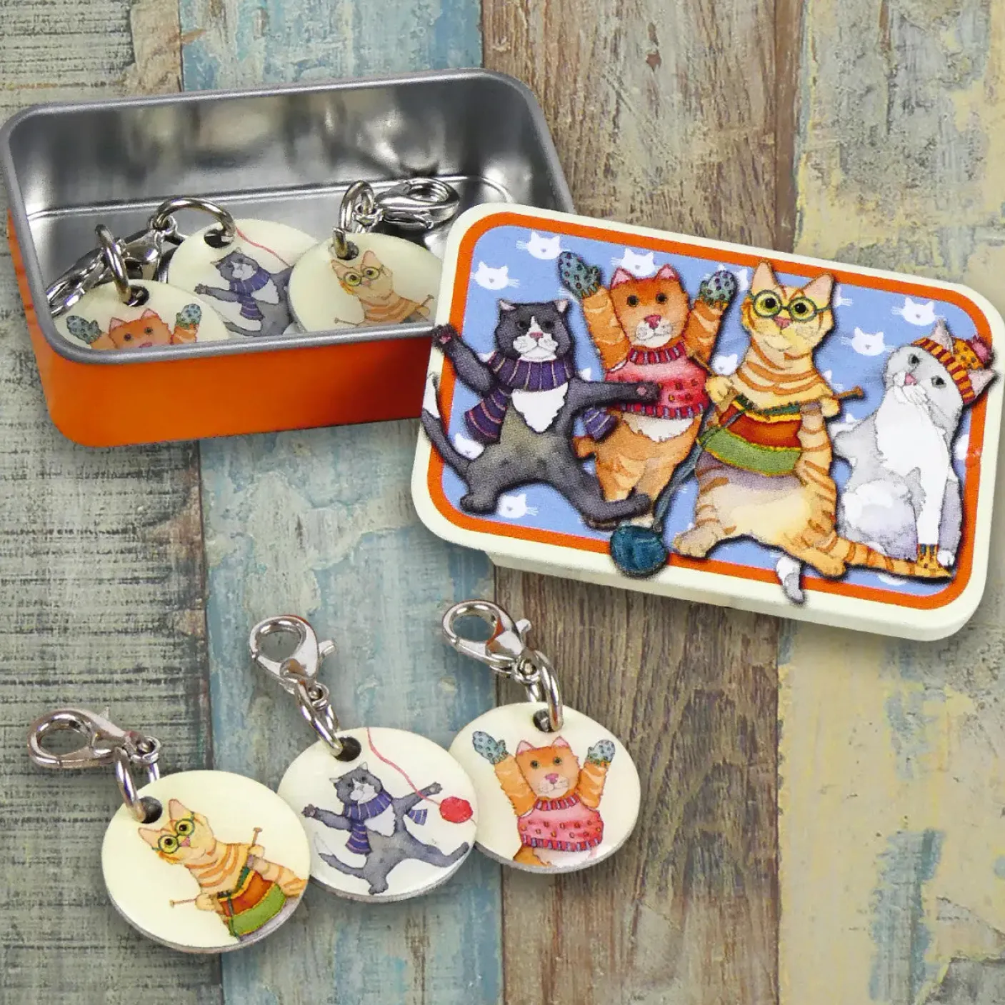 Kittens Set of 6 Stitch Crochet Markers in a Pocket Tin