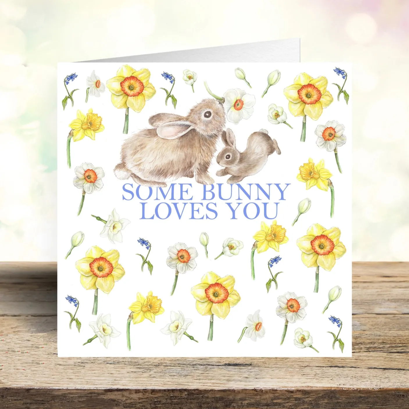 'Somebunny Loves You' Rabbits and Daffodils Greetings Card
