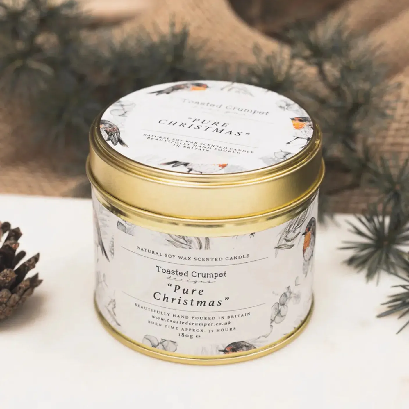 Pure Christmas (Robin & Eucalyptus) Candle in a Matte Gold Tin