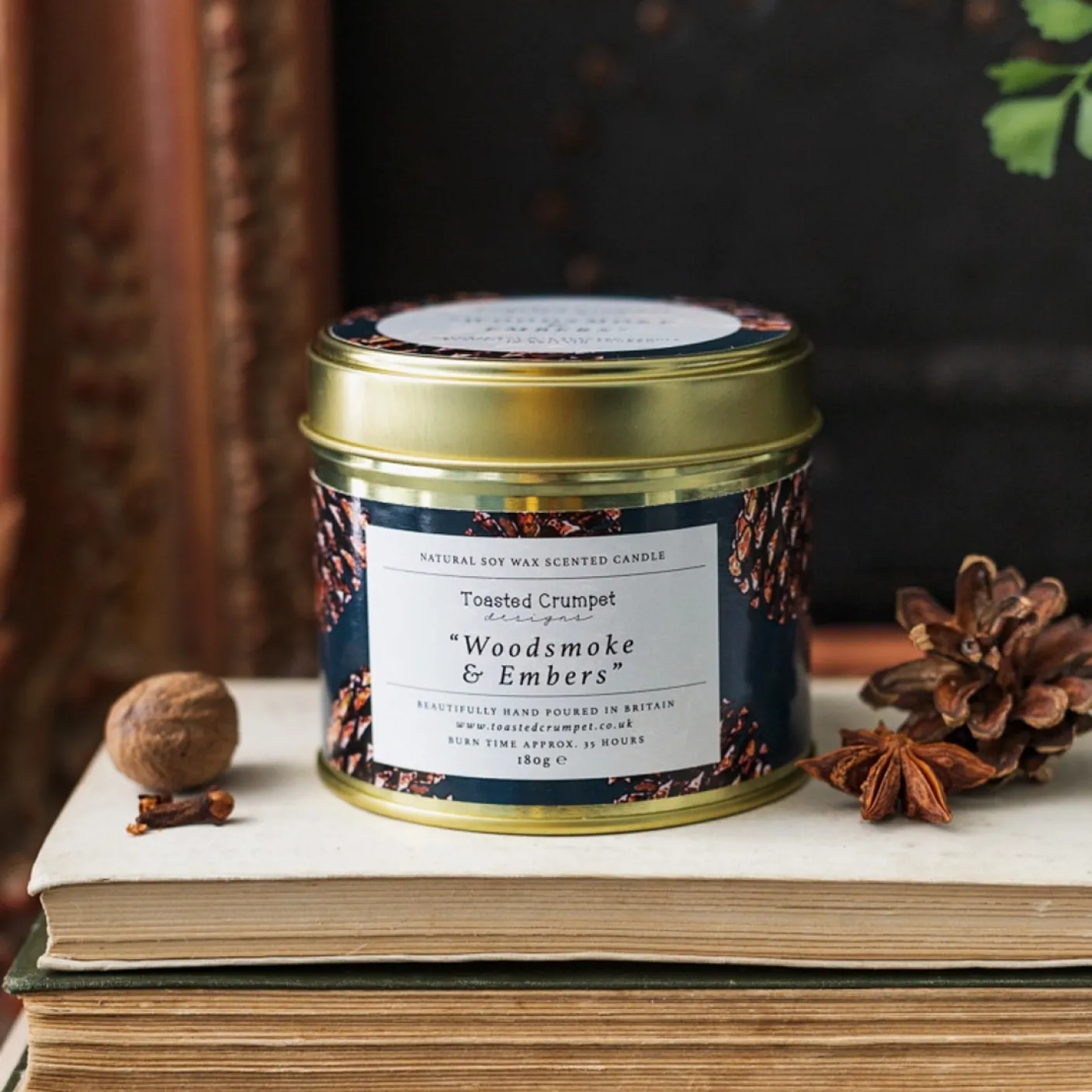 Woodsmoke & embers Candle in a Matte Gold Tin
